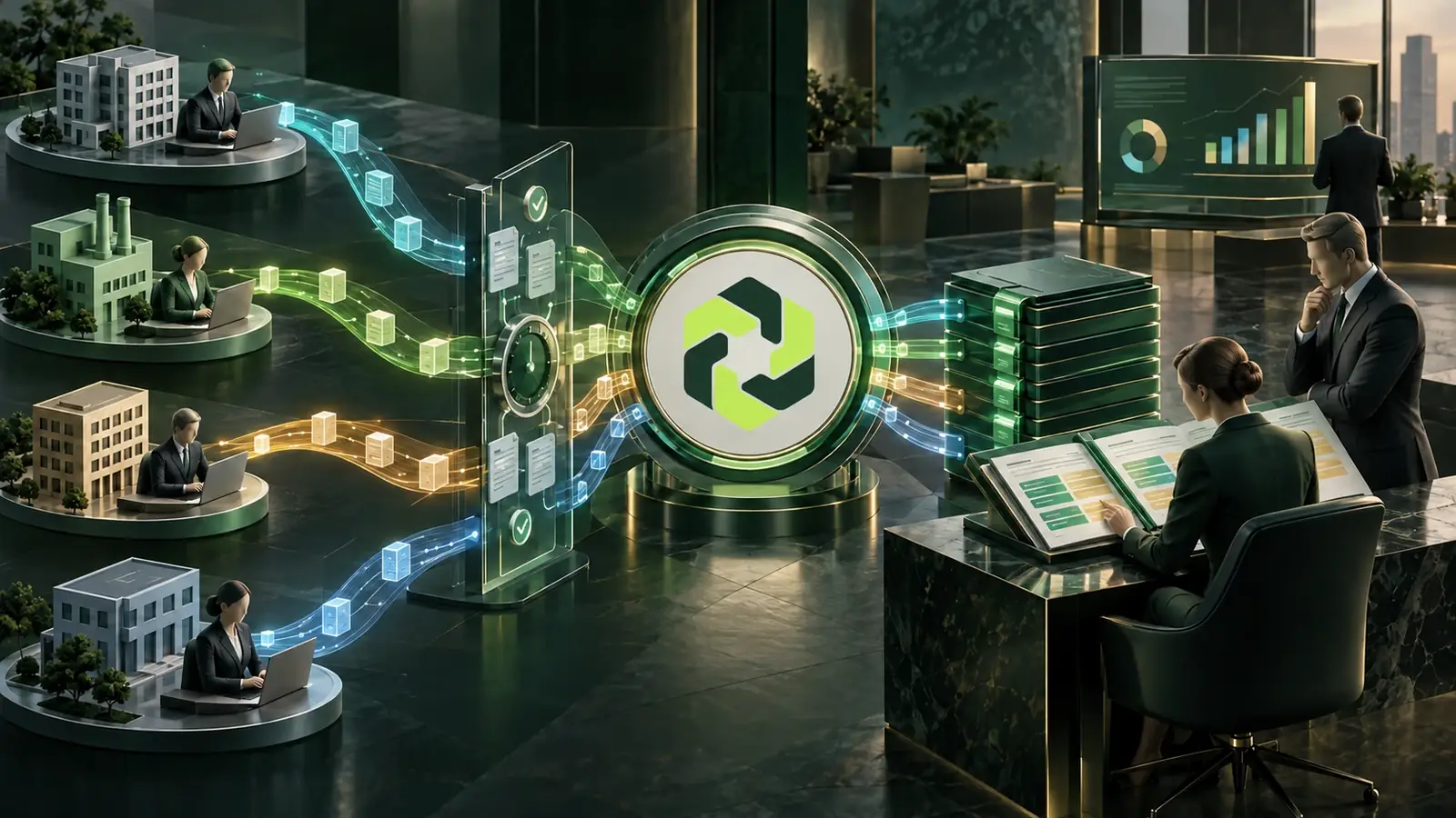 Conceptual illustration of group entities sending transactions in different currencies through rate and approval checks into the Arfinex core and a consolidated ledger